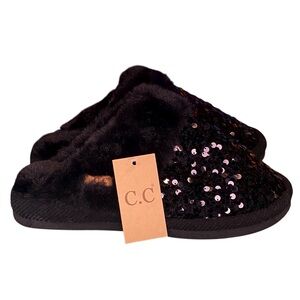 CC Sequin Slippers Black Womens Size 6-8 S-M NWT New Slides Shoes Faux Fur